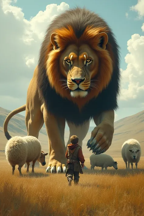 A young shepherd boy,  This era is medieval
Protecting the sheep, he fights brutally with the large lion, The lion is giant with enormous claws, the lion was standing in front of the boy and around sheep behind the boy in a field in very ancient times

