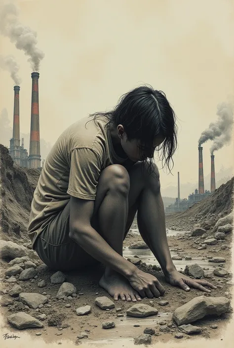 Create a drawing of how environmental pollution affects human dignity.