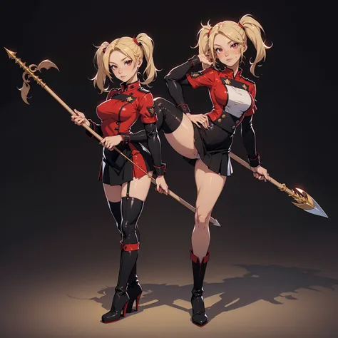 Very detailed, neutral facial expression, medium breasts, full body view, blonde hair with twintails, red eyes, looking at viewer, black and red uniform, skirt, black boots, holding spear, 1 leg up pose.