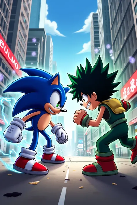 Sonic the hedgehog fighting with Deku

