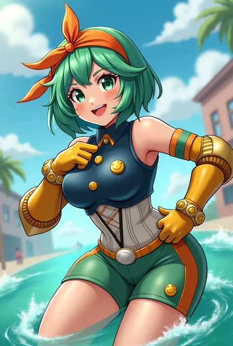 She has sea-green hair that reaches just below her shoulders, and short, wispy bangs that are usually obscured by her bandana. She has dark green eyes with bright pupils, but by far her most prominent feature is her unwavering joyful smile.

Her heroine co...