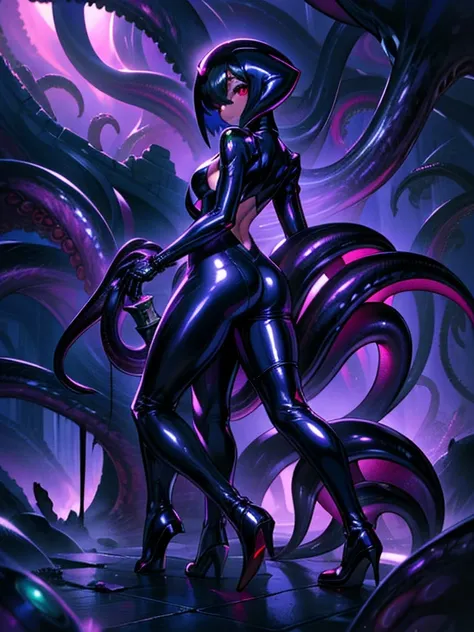 wearing a shiny rubber suit. she's a dark fantasy. she has short hair. latex. shining eyes. tentacles extending from behind her....