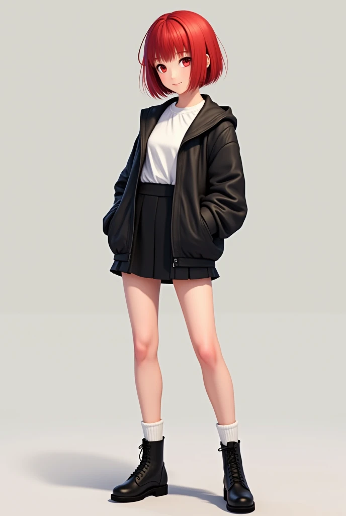 Redhead girl of medium build,with short,black boots and white socks that barely peek out, black mini skirt, White shirt, and leather sweatshirt