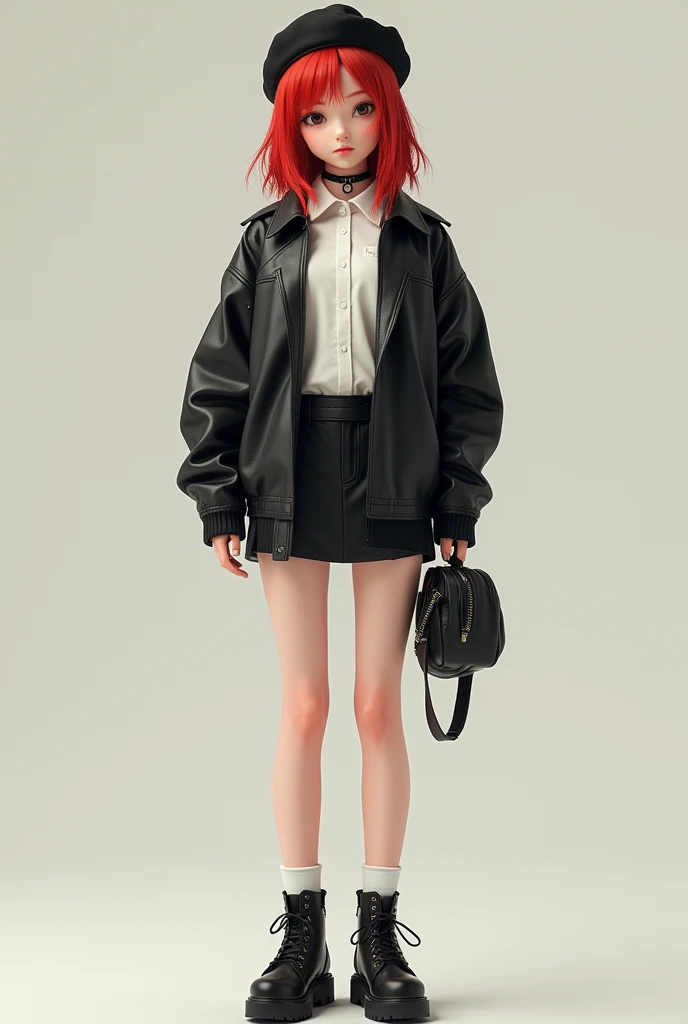 Redhead girl of medium build,with short,black boots and white socks that barely peek out, black mini skirt, white long sleeve button down shirt, with leather sweatshirt and black beret