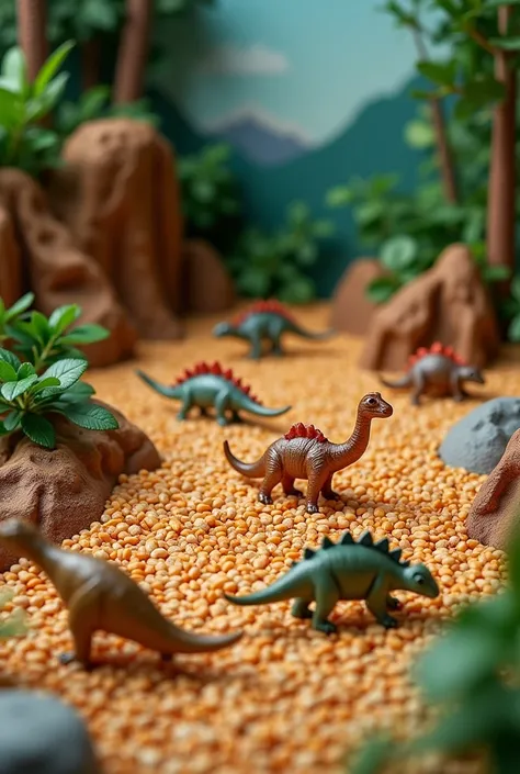 Create a sensory bin with dinosaur-themed lentils and dinosaur car tracks. 
