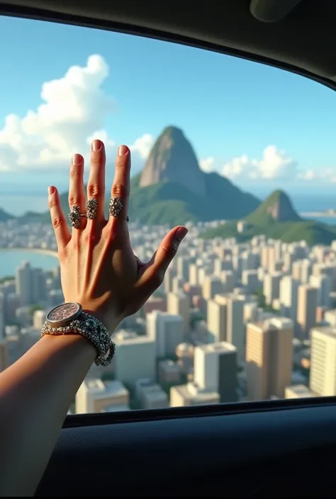 A hand waving at a cityscape of Rio de Janeiro from inside a car