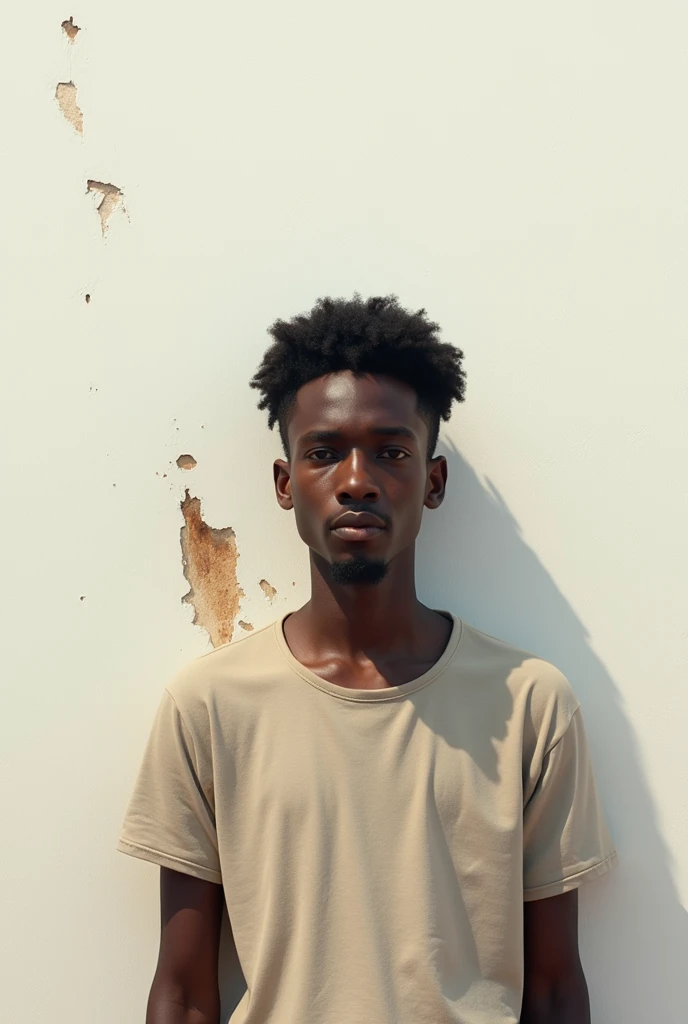 A 22 years old ethiopian lean boy wearing a shirt standing in-front of a white wall that have a stain near his head show his fully body and also add the same guy next to him but make him 10 cm taller and change his outfit too and make it realistic too