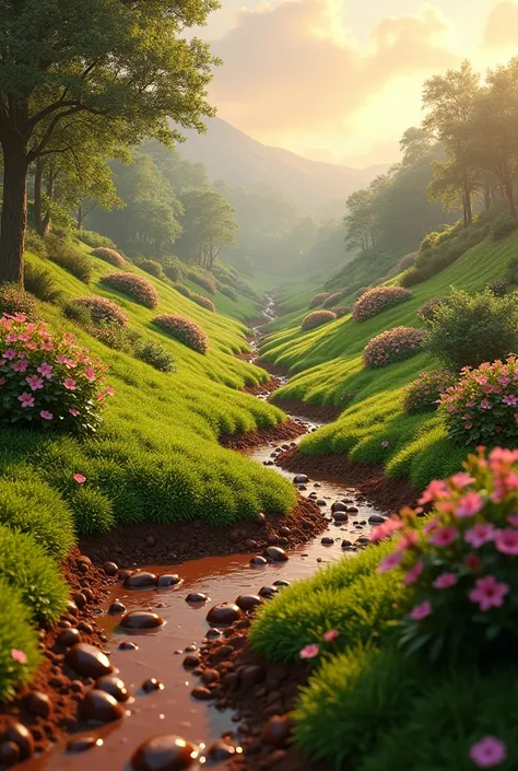 A landscape made of chocolate

And a green meadow 