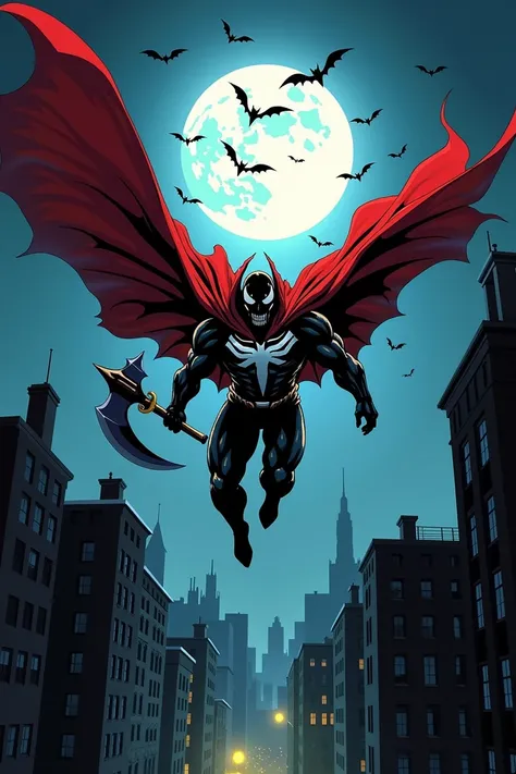 Spawn by todd mc farlane is flying from left to right, over a group of buildings. He is holdin an axe on his right hand. it is midnight and the full moon is specially bright...theres a group of bats surrounding the moon