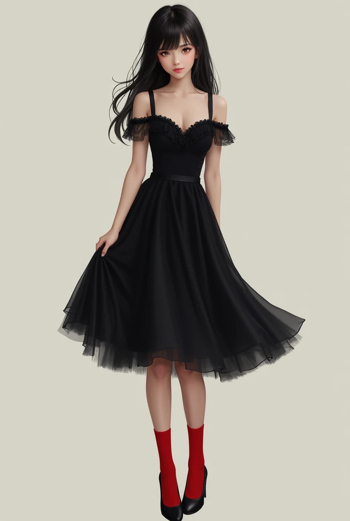 Girl wearing a black dress with a princess neckline, knee length, skirt, and black heels with cherry colored ankle socks