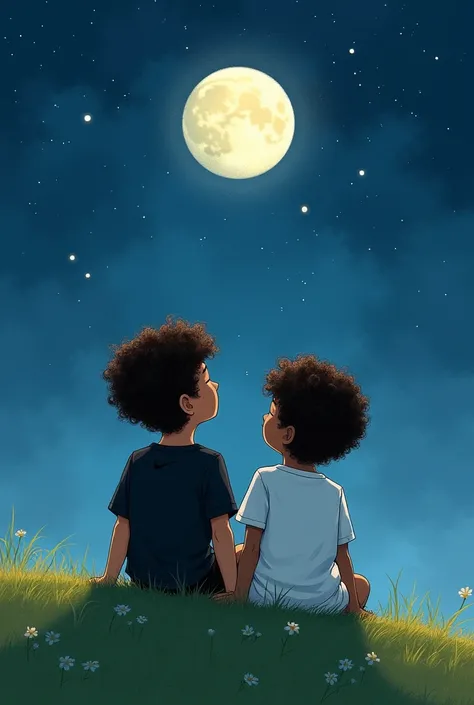 2 boys, One is white with curly hair, wearing black Nike clothes, And the other is black with curly hair, wearing white Lacoste clothes,The two of them sat on the hill, looking at the moon, they both have 1,73 tall  "drawing style"