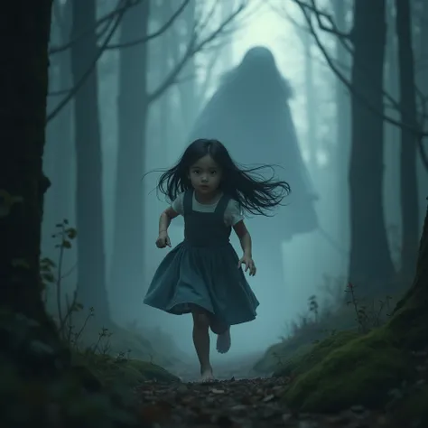 (Mysterious Fog), a beautiful young girl running through a mysterious, misty forest, The girl is facing forward and running away from the shadows, asking the viewer for help, long black Hair flowing behind her, huge shining shadow is chasing the girl, (a b...