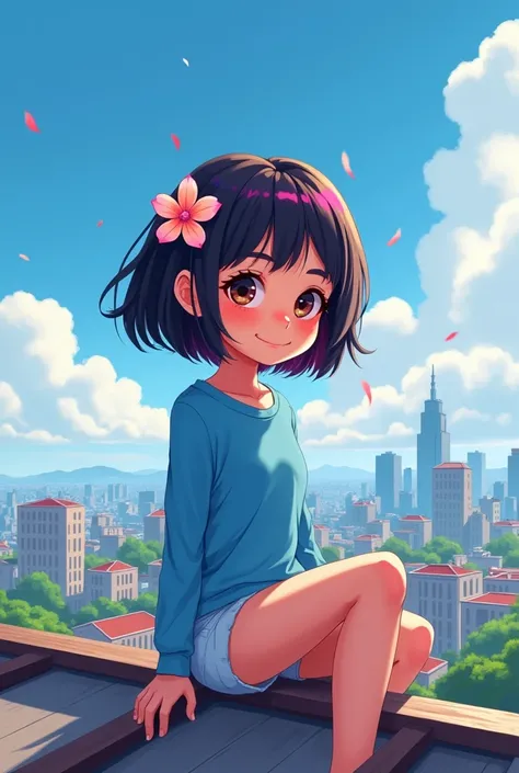 A beautiful iranian cartoon  girl with black hair and pink hair in front of her hair, her hair is short, while she has a beautiful flower in her hair, which is on the roof of the city. she is wearin blue top