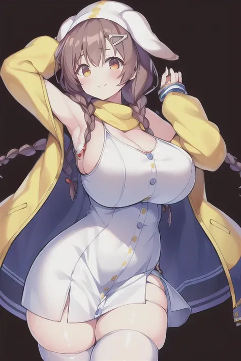 1girl, Korone, smile, dog ears, twin braids, sidelocks, hair ornament, ((white dress)), jacket, yellow jacket, jacket, open clothes, open jacket, dress, short dress, sleeveless dress, huge breasts, wide hips, thick thighs, tall, tall female, mature female,...