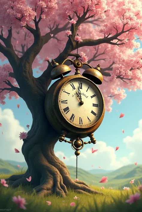 Clock entangled in the high branches of a cherry tree 
