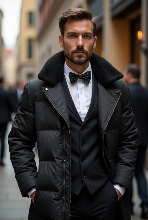 Bow tie suit and down jacket 