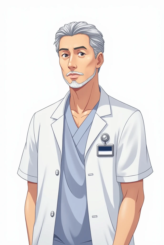 middle aged male doctor, gray short hair, facial hair, perfect symmetrical eyes, white doctors coat buttoned over ((white scrub)), ((short sleeves)), rectangular ID-badge ((longside at bottom, dark blue color at top, white color at bottom)) on left side, n...