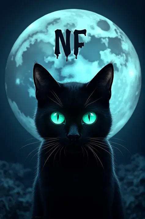 Full moon with blue eyes with green from a black cat in the background and the letters NF in the center of the moon 