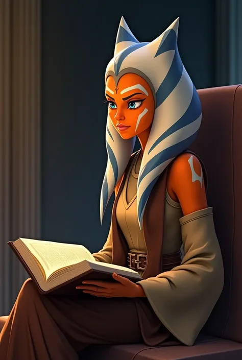 Ahsoka Tano from Star Wars reading a book, animated but not too animated., like in Star Wars: The Clone Wars, from the profile and illuminated, 

  
