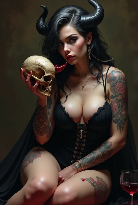 Lilith is a demon queen she is a mature woman, yet she is very seductive and has tattoos on her inner legs and arm. She has some grey streaks in her raven hair. She is from midevil times and drinks wine from a skull, with some wine spilling to the side, he...