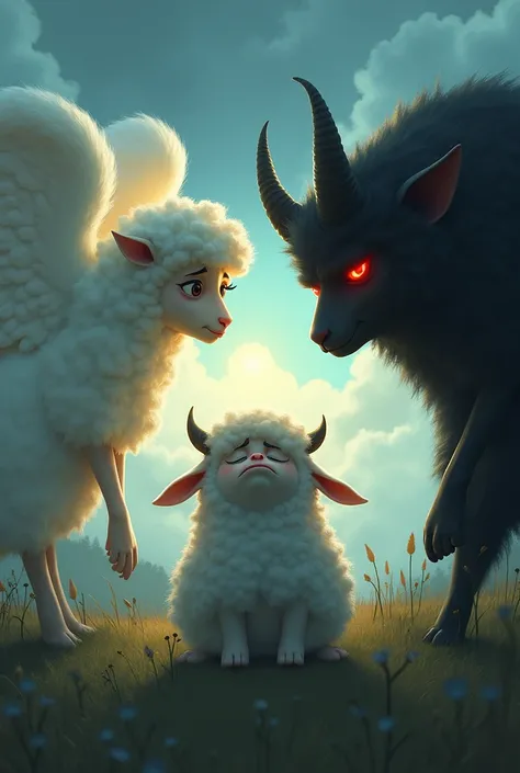 A guardian angel and a devil appear to the sad animated sheep
