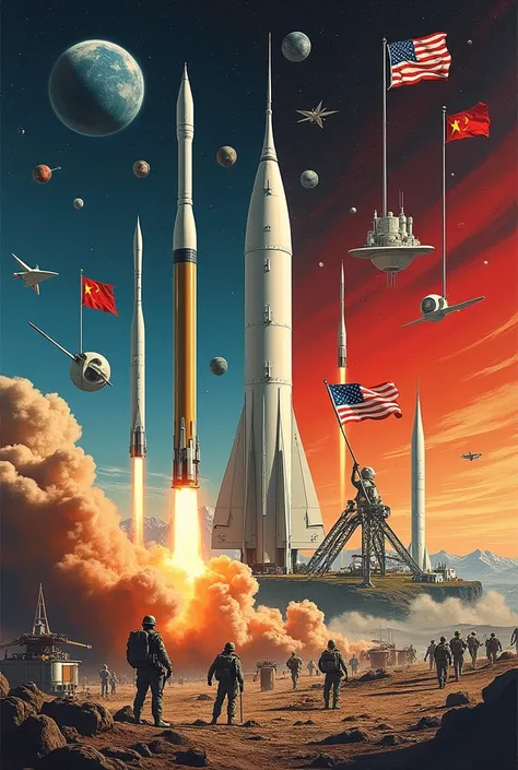 Collage of images representing the main events of the Cold War: an arms race with missiles and nuclear weapons, The launch of Sputnik and the Apollo 11 mission, and scenes of indirect conflicts such as the Korean and Vietnam Wars.