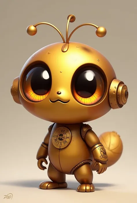 "Generate a small Kwami character named Géar, inspired by clockwork mechanisms, in the style of Miraculous Ladybug. Géar should have a cute and whimsical appearance, with a smooth, rounded body typical of Kwamis. Its main color is shiny bronze, but the des...