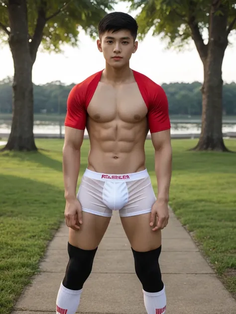  teenagers , very young , light-skin , wearing an dark red sexy underwear, tmasterpiece，k hd，the feet，Transparent sports vest，semi transparent，black long socks，The barefoot , red colour , handsome and cute , extreme cute boy , white skin , dark red underwe...