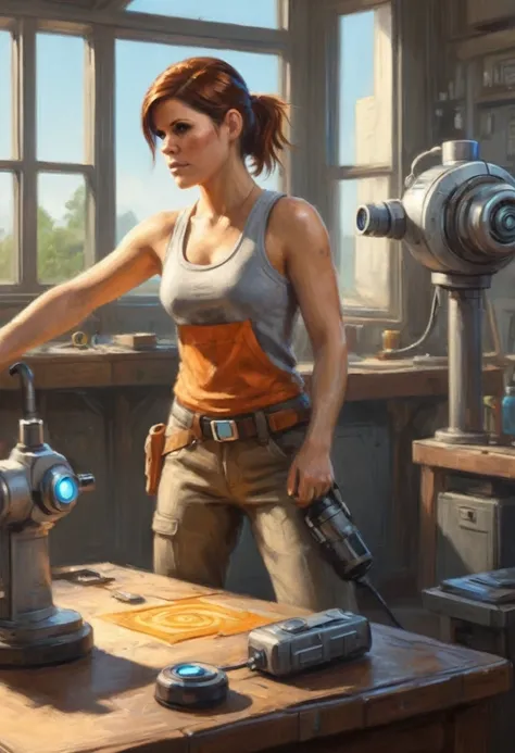 chell(portrayed by Kate Mara), ponytail, tank top, clothes around waist, cleaning a portal gun at a workbench, bright morning sunlight shining through window (zrpgstyle) (masterpiece:1.2) (illustration:1.2) (best quality:1.2) (detailed) (intricate) (8k) (H...