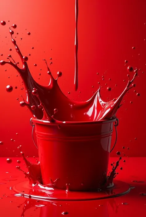 A red bucket of red paint with a red background splashing paint