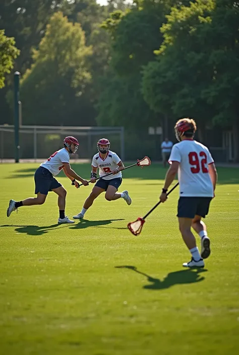 An outdoor lacrosse field, with male players in action. The field has a green, well-maintained lawn, surrounded by a wire fence and trees in the background. The sunlight is low, creating long shadows..realisitic,cinematic, 8k 