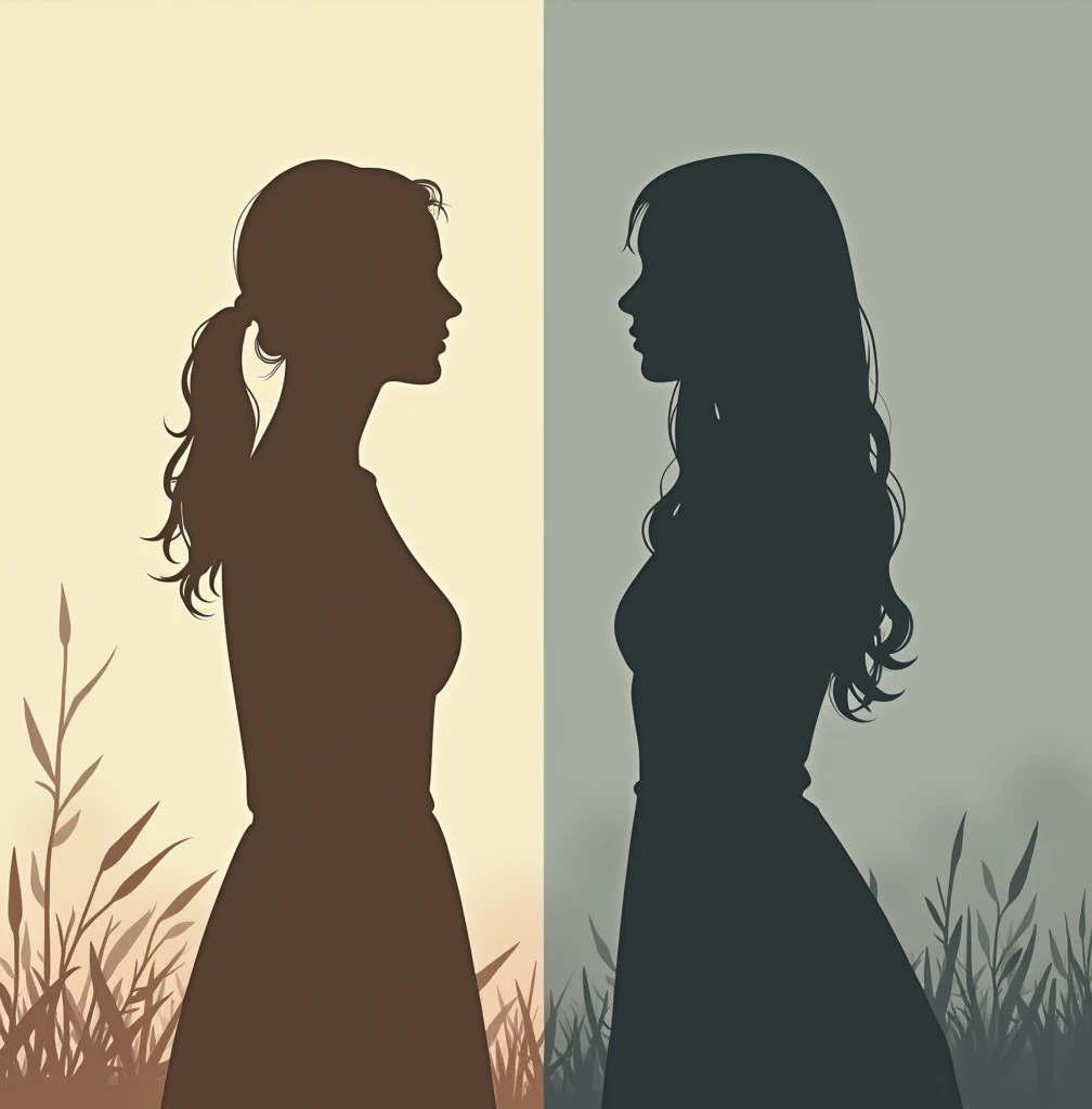 Depict two female silhouettes, representing the two sisters, facing opposite directions. This can symbolize their separate lives and perspectives. The background can be split into two contrasting colors, perhaps a soft sepia for one sister and a muted gray...