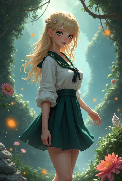 ((best quality)), ((masterpiece)), (detailed), 1girl, fantasy, schoolgirl outfit, (huge breasts:1.3), fantasy setting, blonde, green eyes