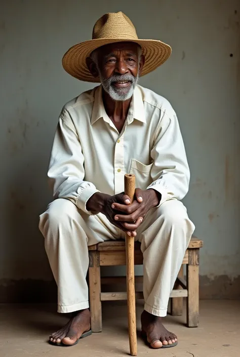 Old black man with a straw hat
White clothes
With a wooden cane
Sitting on a wooden stool
