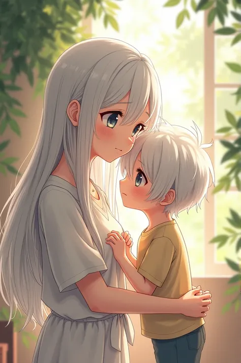 A teenage anime girl with white hair and gray eyes and her 9 year old younger brother with white hair and gray eyes