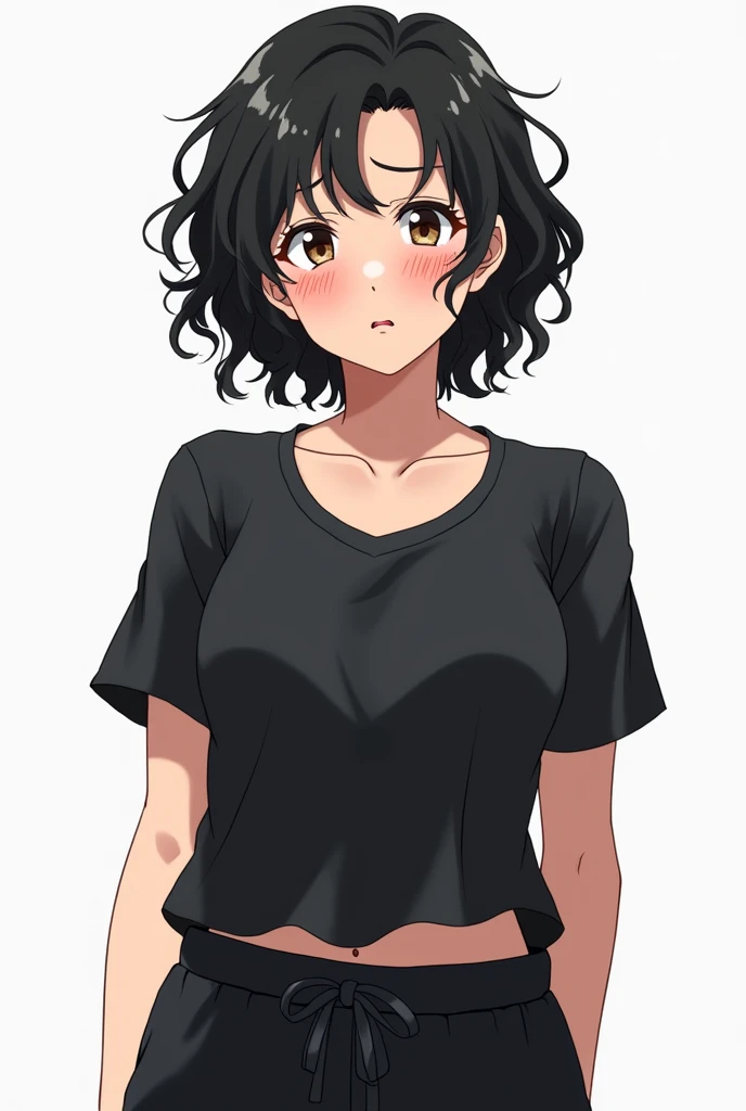 middle aged female patient, black curly hair, wrinkles on face, looks miserable due to overuse of medicine, black blouse, black jogging pants, tired emotion, focus on face and torso, transparent background, anime style, best quality, masterpiece