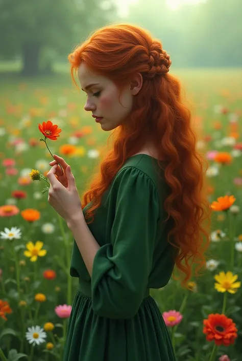 Digital hyperrealistic art, A field with beautiful flowers in the background, a red-haired woman with long curly hair holds a flower in her hand while leaning slightly towards it., He has a sad look. image with green tones