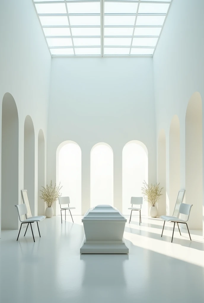 Very clear room, whitewashed with lime, with glass roof, furnished with chairs and in the center two easels holding a closed coffin
