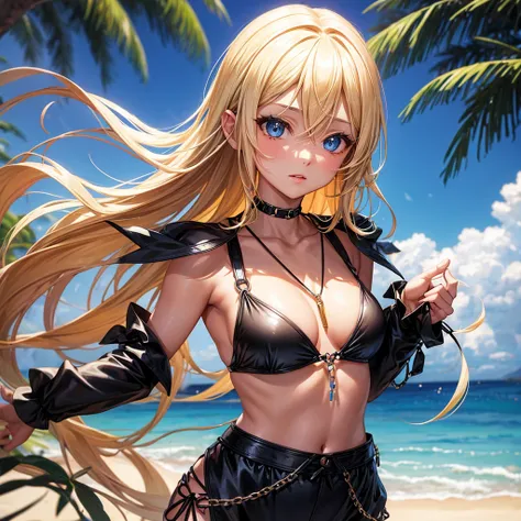 Hot spiritual young sexy girl blonde hair blue eyes black cutout monokini chains straps side tie sunshine happy cute