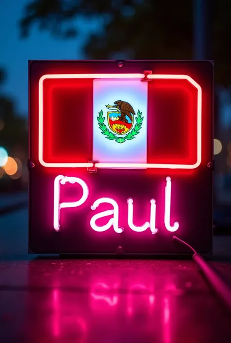 Create a neon sign of the Peruvian flag without the coat of arms with the name Paul below in large letters