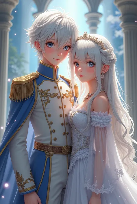 A teenage anime-style princess with white hair and gray eyes, and her 9-year-old younger brother, a prince with white hair and gray eyes.