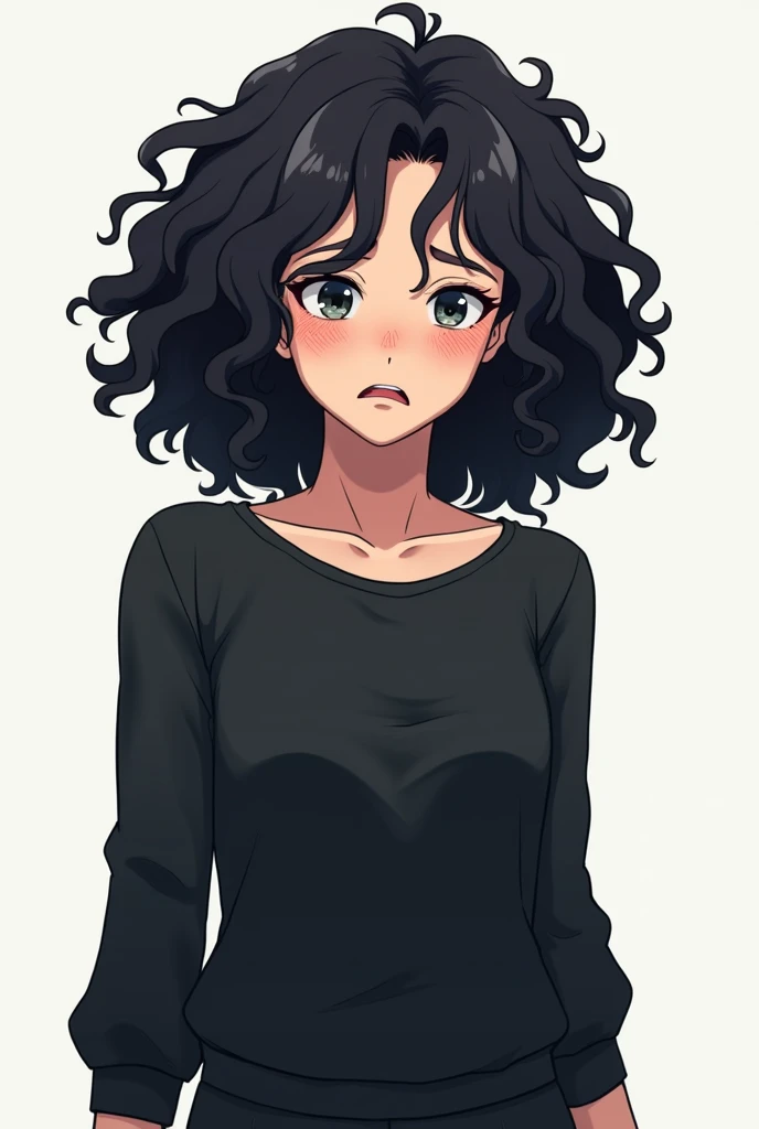 ((middle aged)) female patient, black curly hair, ((wrinkles on face)), looks miserable due to overuse of medicine, black blouse, black jogging pants, tired emotion, focus on face and torso, transparent background, anime style, best quality, masterpiece