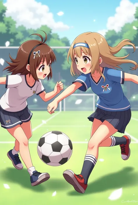 two girls playing ball, brown hair, light brown hair, hairpin, hairband, jpeg artifacts, anime, high quality