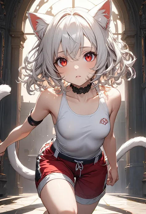 short hair, (red eyes:1.5),  animal ears, tail, white hair, shorts, cat ears, cat tail, curly hair, (small breast:1.2), BREAK looking at viewer, BREAK outside, BREAK (masterpiece:1.2), best quality, high resolution, unity 8k wallpaper, (illustration:0.8), ...