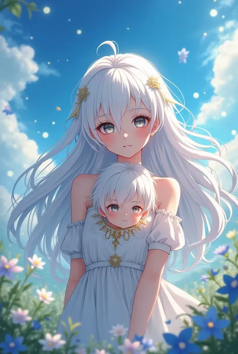 A teenage anime princess with white hair and gray eyes, and her younger brother, a 7-year-old prince with white hair and gray eyes.