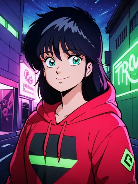 Detailed Background, masterpiece, Highest quality, smile, ornament, hoodie, Portraiture, Yellow neon, graffiti, dark, night, Glowing Eyes, Black light