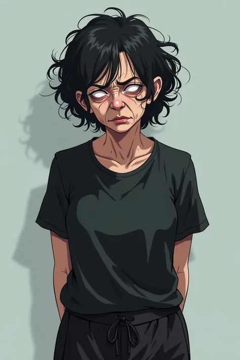 old female patient, black curly hair, ((wrinkles on face)), looks miserable due to overuse of medicine, black blouse, black jogging pants, tired emotion, focus on face and torso, transparent background, anime style, best quality, masterpiece