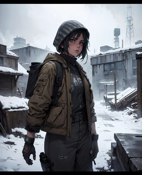 a snowy post-apocalyptic landscape, 1 tomboy girl with dirty clothes, detailed face, dark atmosphere, cinematic lighting, moody, gritty, desaturated colors, (best quality,4k,8k,highres,masterpiece:1.2),ultra-detailed,(realistic,photorealistic,photo-realist...