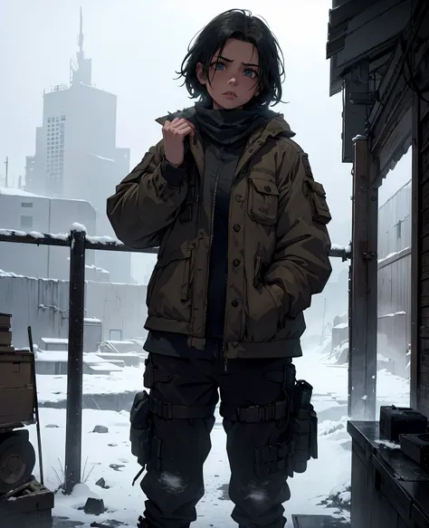 a snowy post-apocalyptic landscape, 1 tomboy girl with dirty clothes, detailed face, dark atmosphere, cinematic lighting, moody, gritty, desaturated colors, (best quality,4k,8k,highres,masterpiece:1.2),ultra-detailed,(realistic,photorealistic,photo-realist...