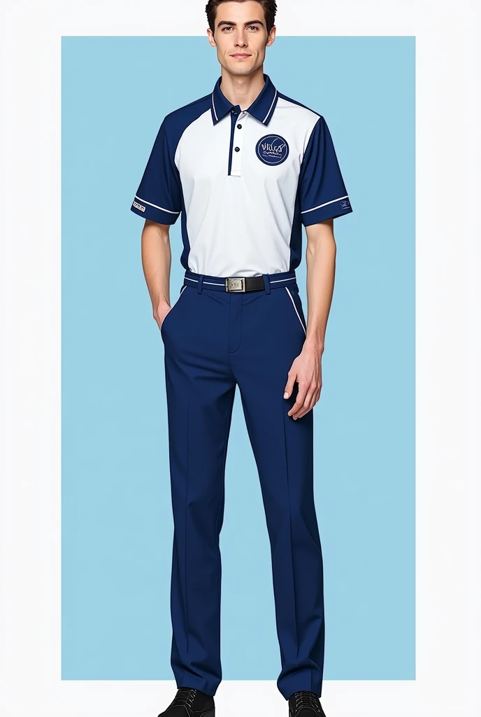 Design a complete uniform for a drugstore called Villa Magna with blue and white colors and a logo that says Villa Magna, with the shirt being a polo shirt and pants